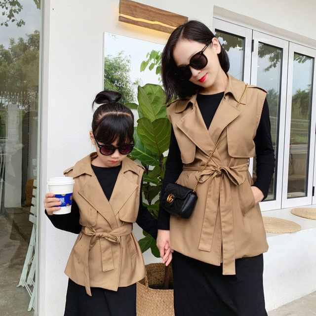 2023 Spring Clothing New Parent-child Clothing Vest Jacket Mother and Daughter Clothes Korean Style Girls Work Clothes Waist British Style Vests Trendy