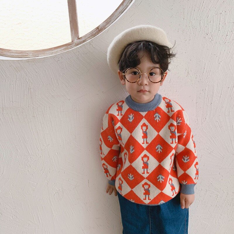 Children's sweater winter style festive red sweater Korean version boys and girls thickened pullover cartoon diamond knitted sweater trend