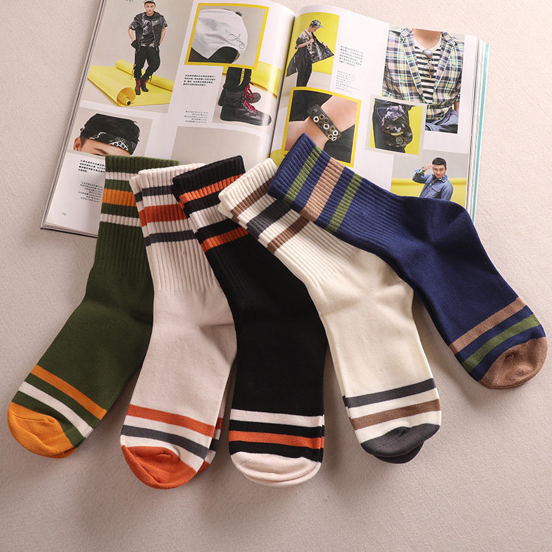 4 Pairs of Pure Cotton Comfortable Striped Mid-Calf Men's Socks, Straight-Leg All-Cotton Autumn Men's Socks, Retro Sports Style — تصویر 1