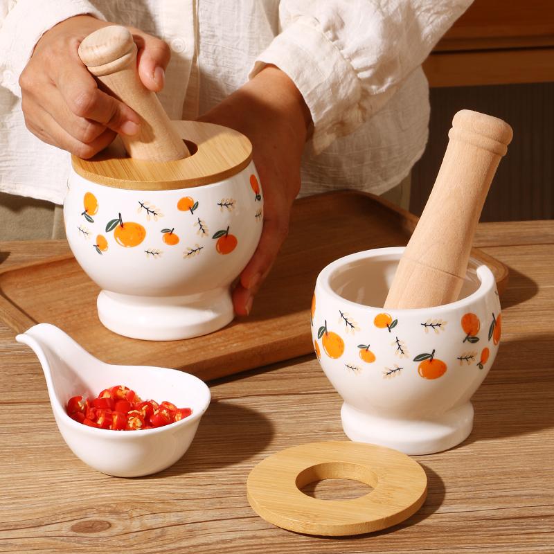 Traditional Ceramic Garlic Mortar and Pestle Set with Wooden Stick for Home Kitchen Use, Manual Garlic Crusher and Grinder