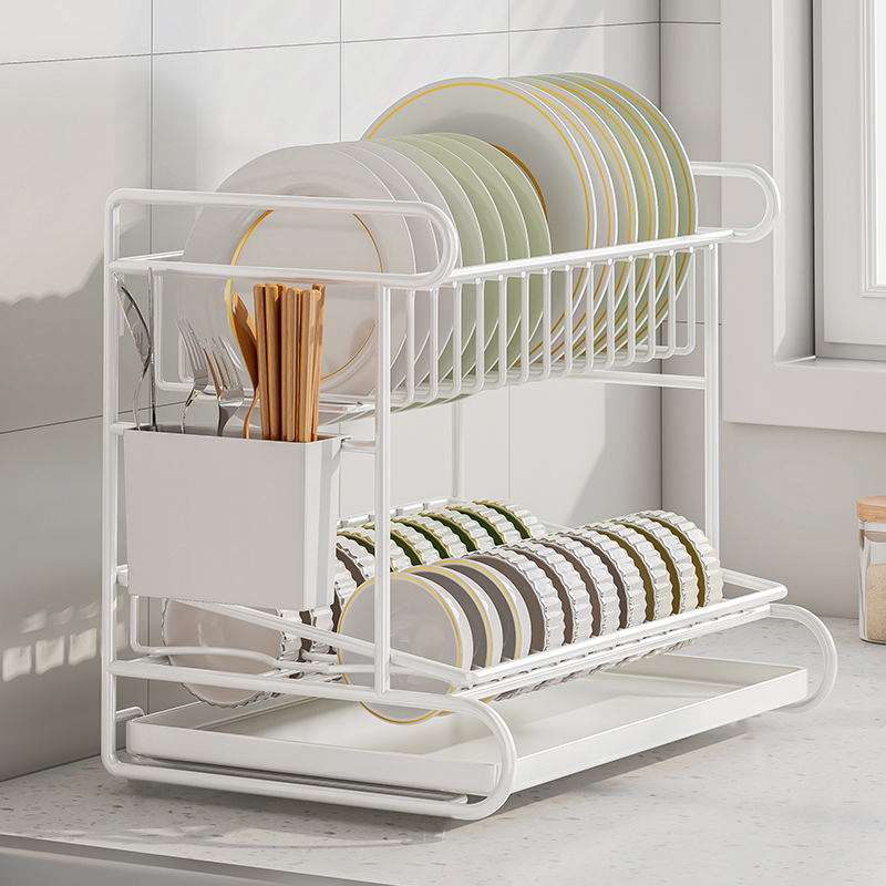 キッチン二層排水皿ラック多機能ステンレススチール食器洗い箸収納ラックカウンタートップ皿ラック