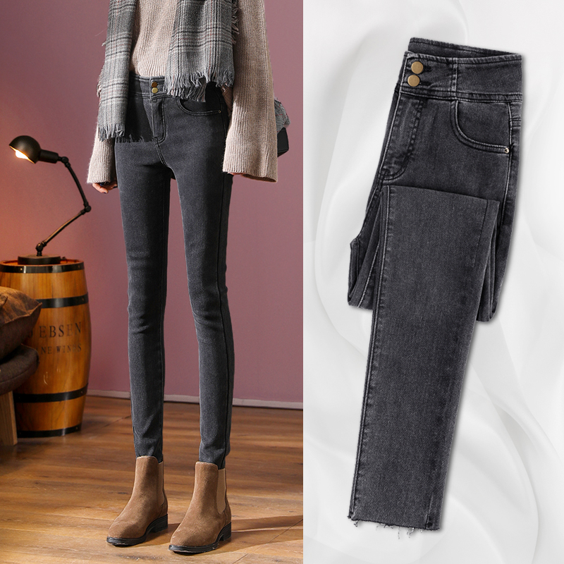 SNICYKER black jeans women's 2020 autumn and winter new style plus velvet high waist slim tight nine points pants