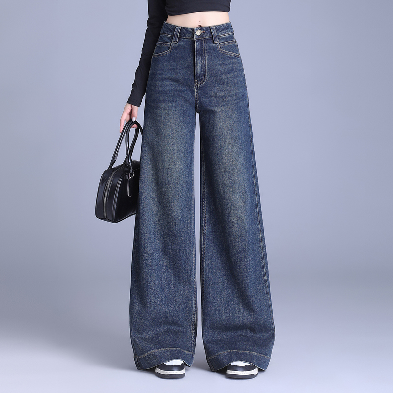 Authentic Boutique Spring and Autumn New Thin High-End Floor-Length Wide-Leg Jeans for Women, Fashionable High-Waisted Loose Wide-Leg Pants