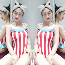 Girl Japanese Ruffle shoulder spa swimsuit Striped triangle bikini Vintage conservative cute three-piece set