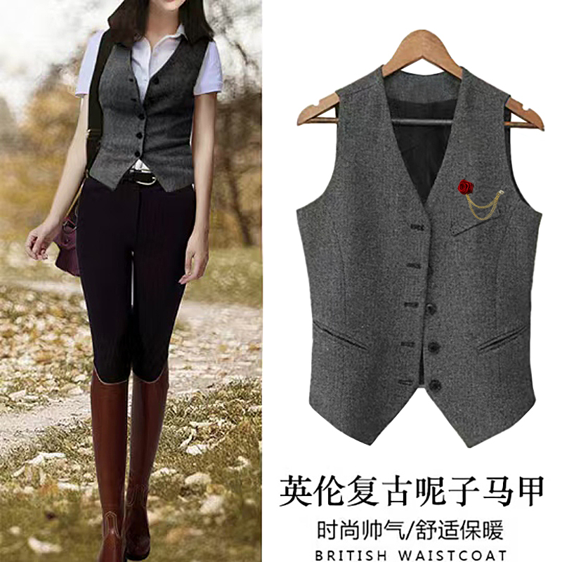 Maillard Spring and Autumn Retro Vest British Style Unisex Herringbone Wool Slim Fit Riding Suit Jacket Short Women's Version
