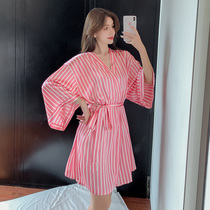 Spring Summer Sexy Ice Silk Sleeping Robes Womens Thin Web Red Hotel Wind Bathrobe with long sleeves Big code Home Home Clothes