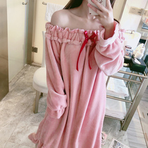 Autumn Winter Sexy Dew Shoulder Sleeping Dress Female Coral Suede Flannel Velvet Pyjamas student Thickening Home Dress can be worn outside