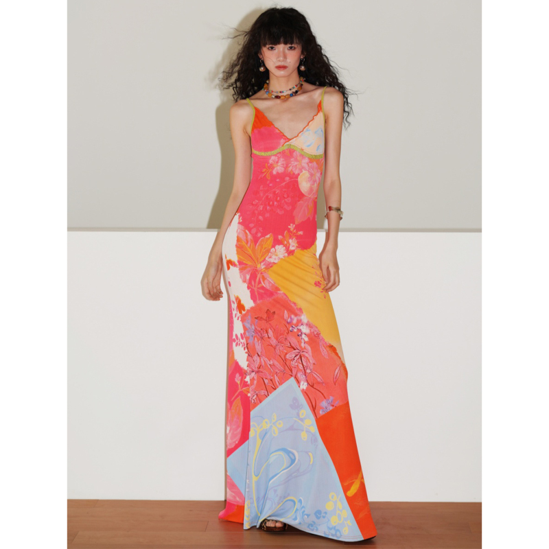 Bad Taste Western Vacation Style New Chinese Style Printed V-Neck Patchwork Lace Long Slip Dress Bad Taste Western Vacation Style New Chinese Style Printed V-Neck Patchwork Lace Long Slip Dress