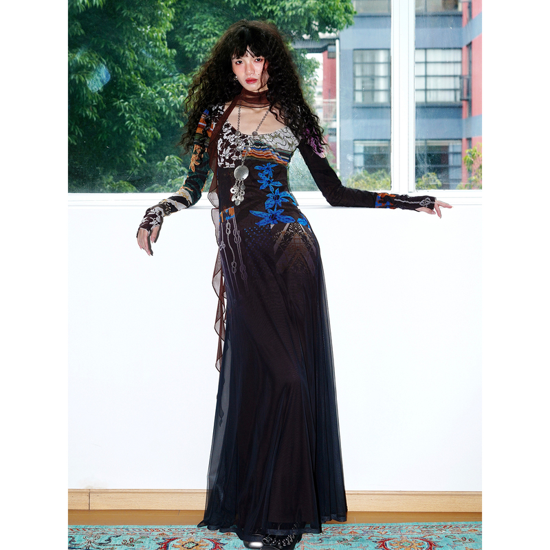 Bad Taste Western Autumn/Winter Double-Layer Design Vintage Niche Print Slim-Fit Long Dress