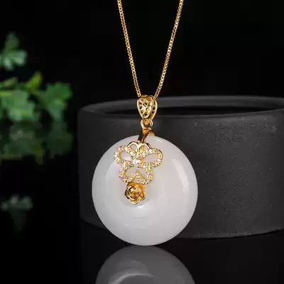 s925 silver inlaid Xinjiang gold silk jade sheep fat grade white jade safety buckle pendant necklace jewelry F limited time 1 yuan auction