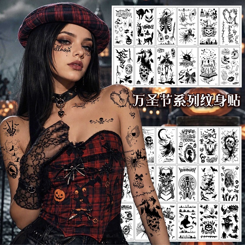 Halloween Tattoo Stickers for Men and Women, Decorative Stickers, Dark Night Death Skull, Pumpkin, Scary Scar, Fake Wound Makeup Face Stickers