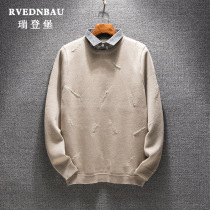 Autumn and winter mens shirt collar fake two-piece sweater warm Mens sweater wear mens Korean solid color sweater