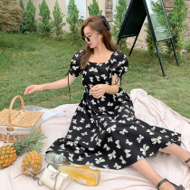 Large size dress summer 2021 new fat sister mm thin belly cover belly bow square collar fairy dress women