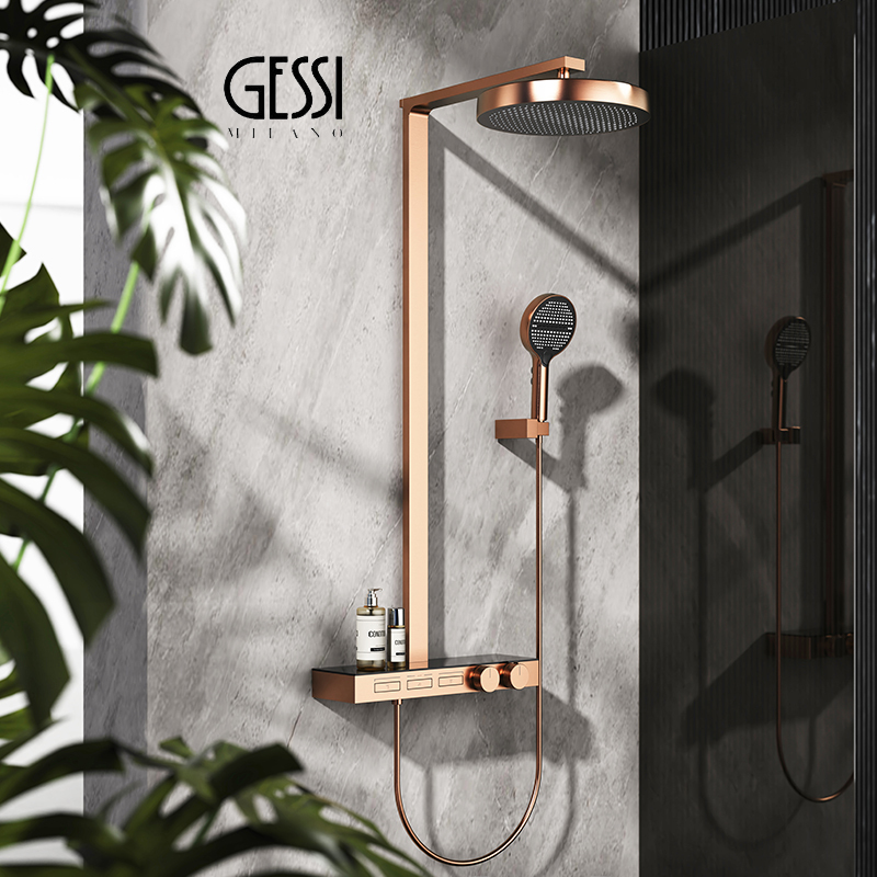 Italian Gessi Showerhead, All-Copper Brushed Rose Gold Bathroom Pressurized Storage Thermostatic Showerhead