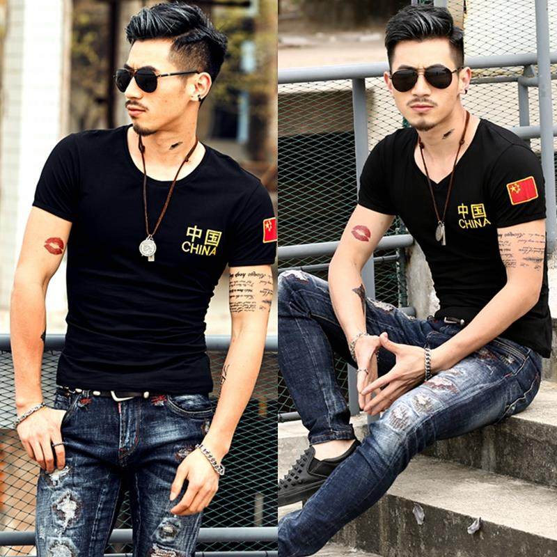 Men's short sleeve T-shirt with Chinese national flag T-shirt Summer security Sports Team clothes with the words of the wolf's head pattern-Taobao