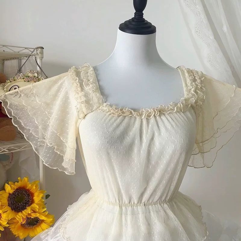 Lolita Dress with Sheer Flutter Sleeves, Square Neckline, Short Sleeves, Mesh Lace Top for Layering