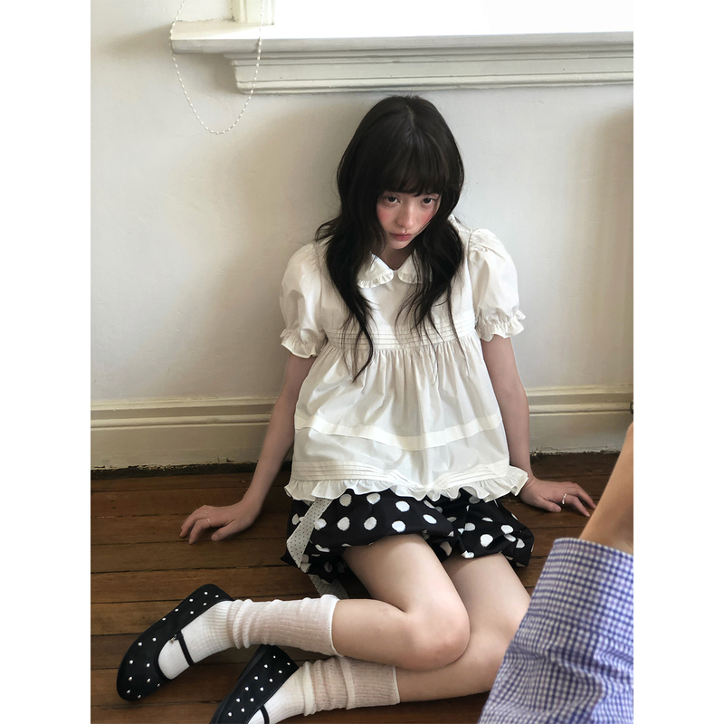 Jingyeyue White Spring and Summer Short-Sleeved Top, Japanese Sweet Style, Pleated Short-Sleeved Babydoll Shirt with Puff Sleeves Jingyeyue White Spring and Summer Short-Sleeved Top, Japanese Sweet Style, Pleated Short-Sleeved Babydoll Shirt with Puff Sleeves