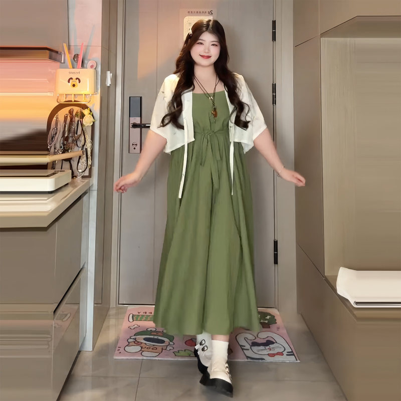 Plus-Size New Chinese-Style Suspender Dress for Women, Summer Slimming Cardigan Two-Piece Set, Green Long Dress, Elegant Dress