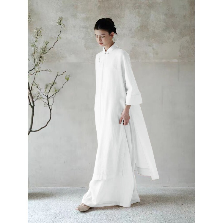 Group Purchase Discount ~ Three-Piece Set: Spring Clothing with a Chinese Zen Style, Loose-Fitting Oblique Collar Long Shirt Set