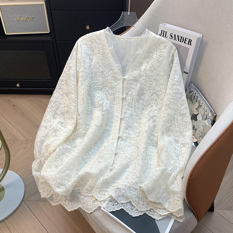 Bargain~ Plus-Size Spring/Summer New Loose-Fitting Vintage Artistic V-Neck Embroidered Lace Shirt Long-Sleeve Top for Women