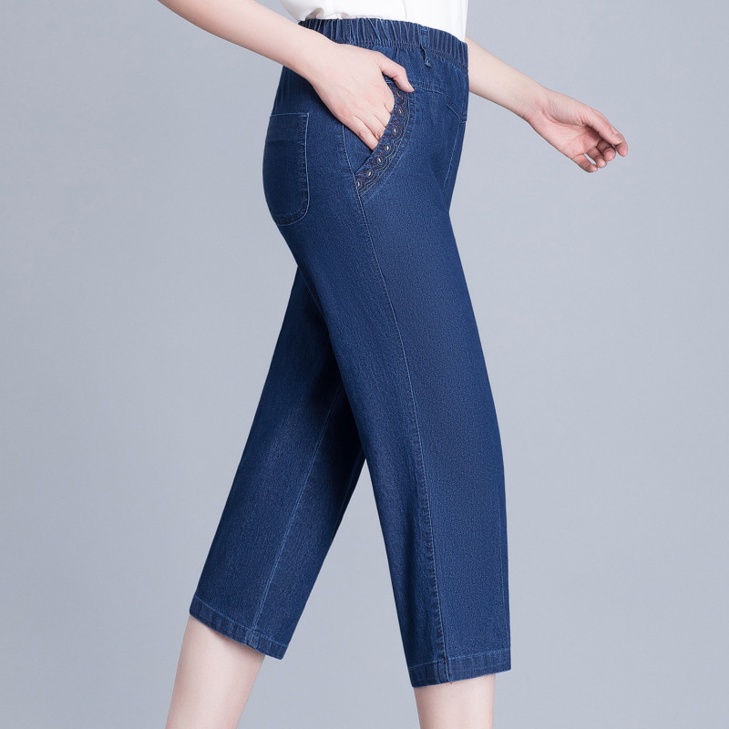 Women's Summer Thin High-Waisted Cropped Jeans, Loose Elastic Waistband, Suitable for Middle-Aged and Elderly Women, Mom Jeans, 7/8 Length
