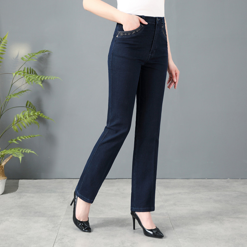 Spring and Autumn New High-Waisted Jeans for Middle-Aged and Elderly Women, Loose Elastic Plus Size Women's Pants, Versatile Straight-Leg Pants for Middle-Aged Moms