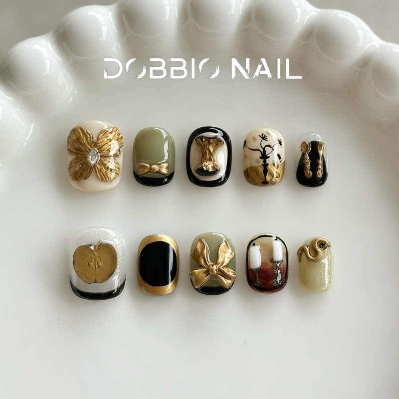 Dobbio【Golden Apple】Korean Style ins Heavy-Duty Handmade Wearable Nails, High-End Luxury French Manicure Pieces