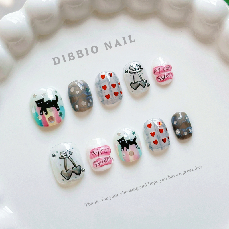 Dobbio【Cat Little Sweetie】Cute Kitten Hand-Painted High-End Short Nails, Purely Handmade Wearable Nails, High-End Nail Art Nail Pieces