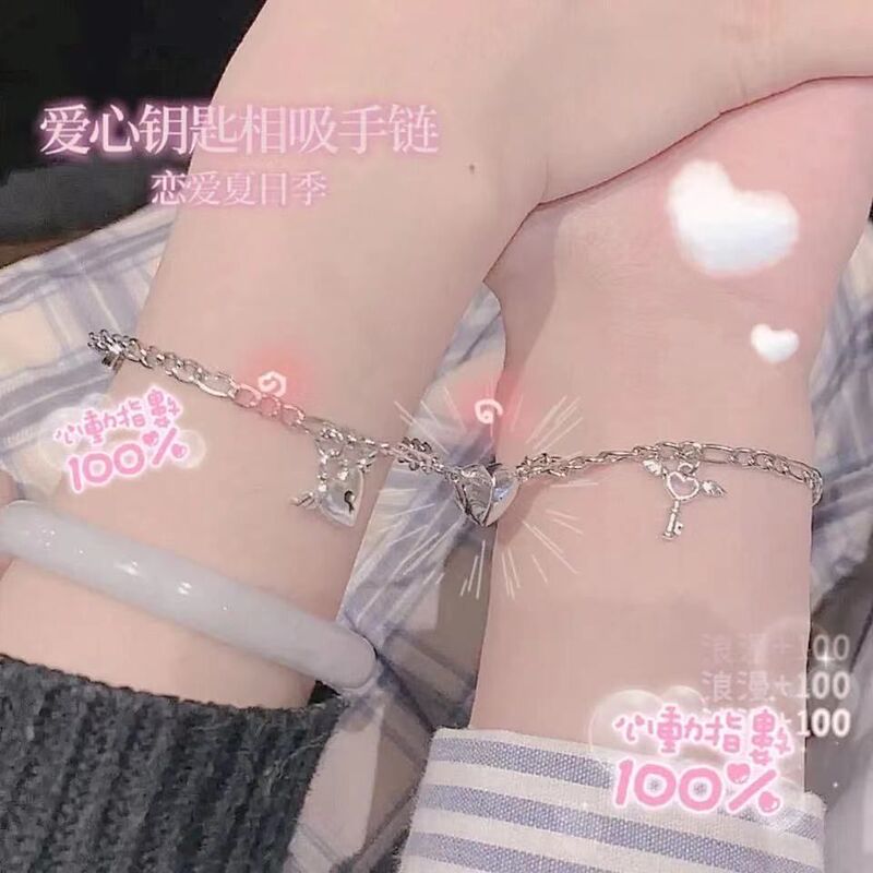 Ins Casual Love Lock Attraction Couple Best Friend Bracelet Stainless Steel Heart Shaped Magnet Lock Key Bracelet Gift Ins Casual Love Lock Attraction Couple Best Friend Bracelet Stainless Steel Heart Shaped Magnet Lock Key Bracelet Gift