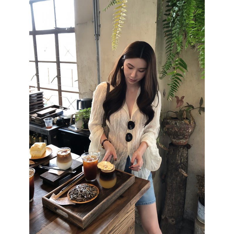 Slightly Sweet Sasa Mesh Patchwork Polka Dot Shirt for Women, New Summer Style, Pleated Texture Semi-Sheer Top C8131 Slightly Sweet Sasa Mesh Patchwork Polka Dot Shirt for Women, New Summer Style, Pleated Texture Semi-Sheer Top C8131