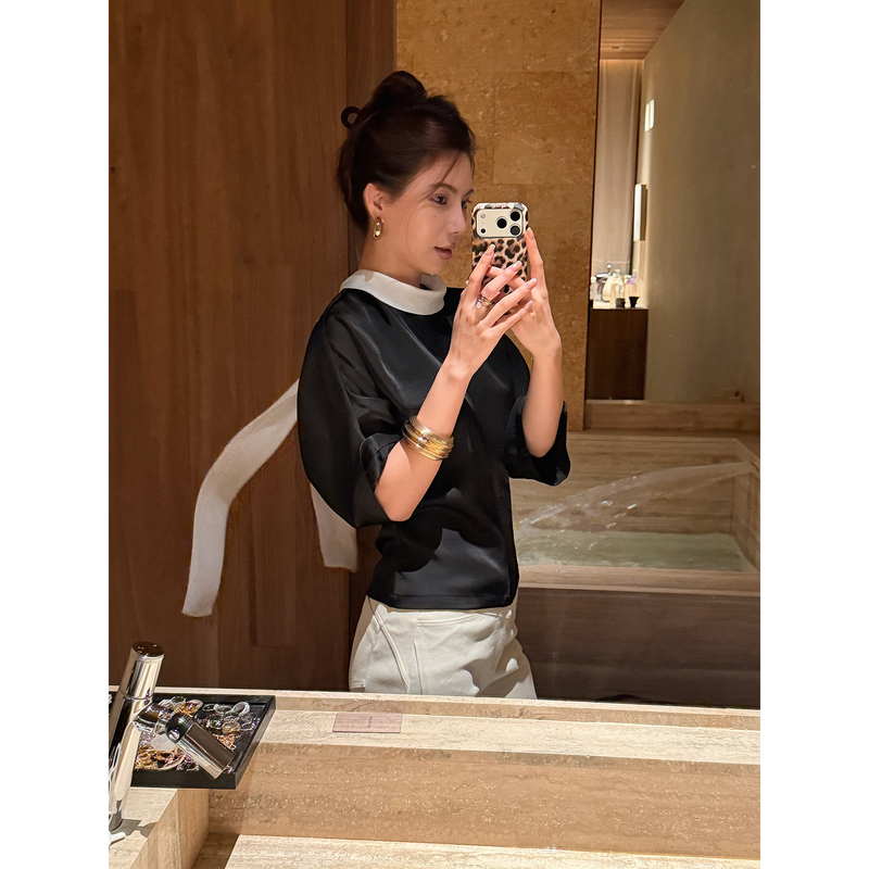 Saved Soir Korean Style Lapel Patchwork Half-Sleeve Shirt for Women, Loose Fit, Slimming, Commuter Style Top C8313 Saved Soir Korean Style Lapel Patchwork Half-Sleeve Shirt for Women, Loose Fit, Slimming, Commuter Style Top C8313