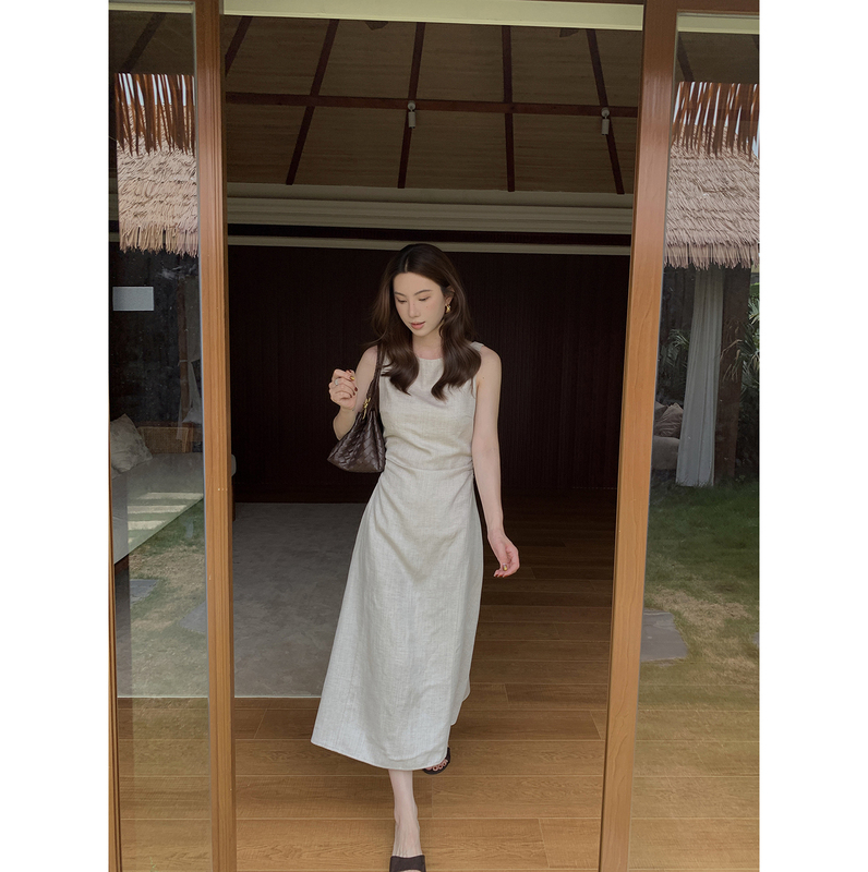 Slightly Sweet Sasa French Linen Sleeveless Dress for Women, New Summer Style, Waist-Cinching, Slimming Tank Top Long Dress L8187 Slightly Sweet Sasa French Linen Sleeveless Dress for Women, New Summer Style, Waist-Cinching, Slimming Tank Top Long Dress L8187