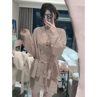 Yjy*chinese beauty*cashmere hollow knitted cardigan + lace v-neck inner dress coffee color and white