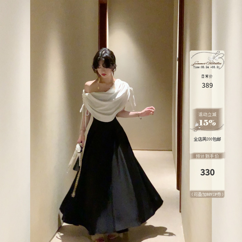 Big Eees Waltz French-Style Waist-Cinching Long Dress with a Flared Neckline, High-End Court-Style Hepburn Dress with a Large Hem