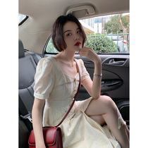 Big Eees Monet back garden French temperament split embroidered dress female retro niche Platycodon grandiflorum tea break dress