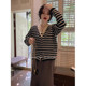 Big Eees French afternoon tea V-neck stitching fake two-piece knitted cardigan jacket Hong Kong flavor