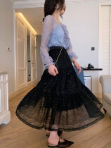 Big Eees two-color shef heavy industry sequin fairy mesh skirt high waist thin a long skirt women