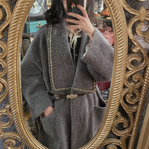 Big Eees design flower gray tweed coat womens long waist temperament thick small woolen coat