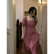 Big Eees romantic court French square collar retro waist dress slim spring and summer long Platycodon grandiflorum skirt