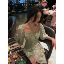 Big Eees South France Holiday French waist lace-up floral dress spring and summer bubble sleeve Fu slim skirt