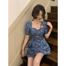 Big Eees Camellia dance bubble sleeve French temperament tea break skirt denim summer little dress