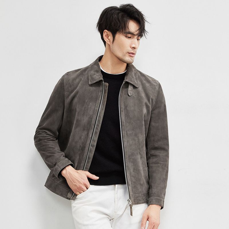 Light Luxury Suede Genuine Leather Men's Jacket, Mixed Lamb Leather, Reverse Suede Biker Leather Jacket, Old Money Style Suede Leather Coat
