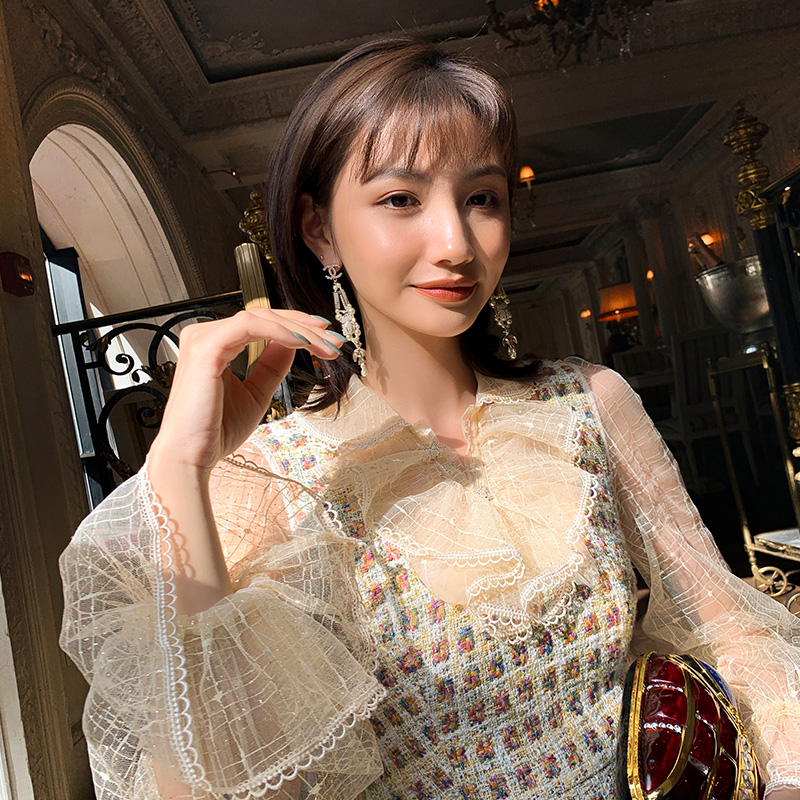 Mesh splicing color fake two-piece dress medium and long version of flared sleeve skirt 2020 spring and autumn new