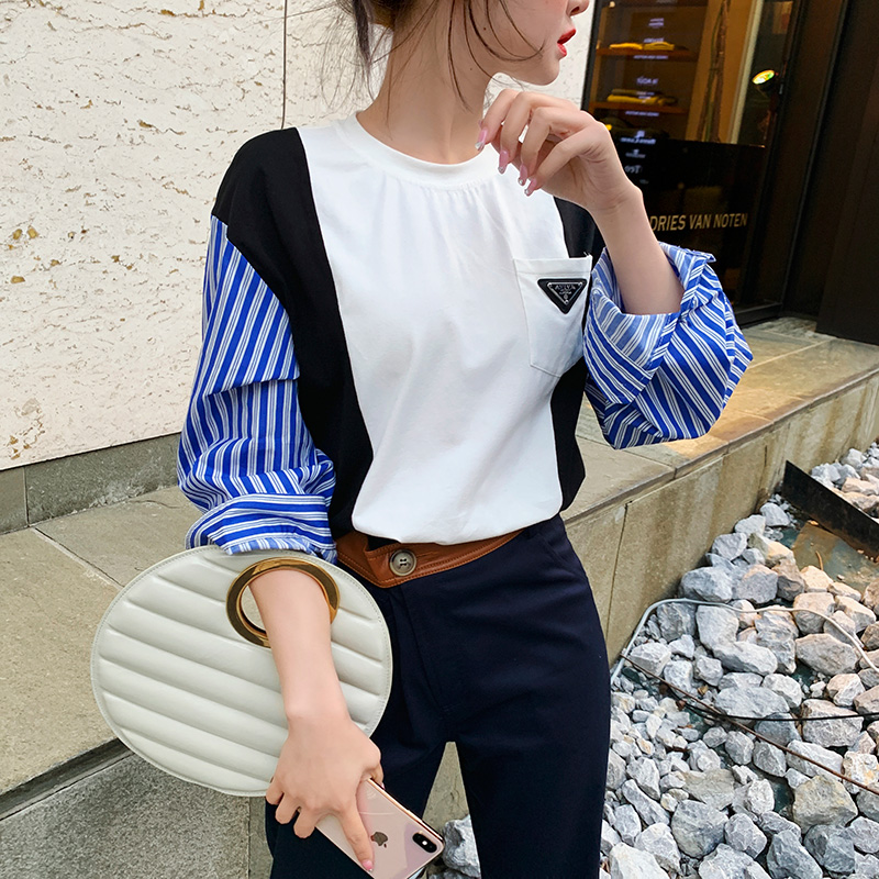 (Earth shop)round neck striped stitching T-shirt women's loose Korean long-sleeved top women's 2021 spring and summer new