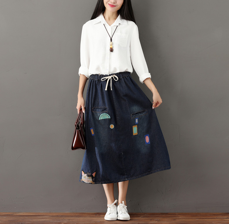 2019春新款女松紧腰水洗刺绣大码胖MM牛仔A字长裙时尚百搭半身裙|msdalam kategori Butik wanita / wanita, skirt - dari Buy2taobao.com untuk memberikan perkhidmatan ejen Taobao profesional membeli