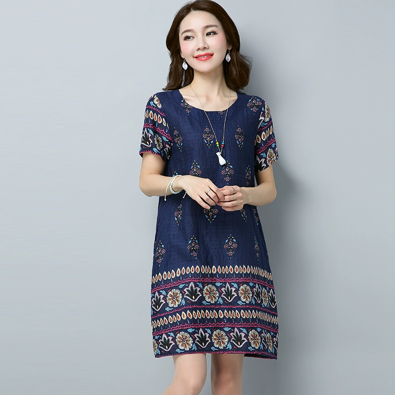 Phụ nữ mùa hè 2021 phong cách mới bông phong váy văn học kích thước lớn lỏng lẻo in retro váy ngắn tay dài giữa - Váy dài