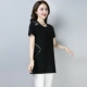 Cộng với kích cỡ của chị em béo mùa hè áo blouse nữ dài giữa cotton và vải lanh nửa tay áo sơ mi nữ tay ngắn Áo thun nữ - Cộng với kích thước quần áo