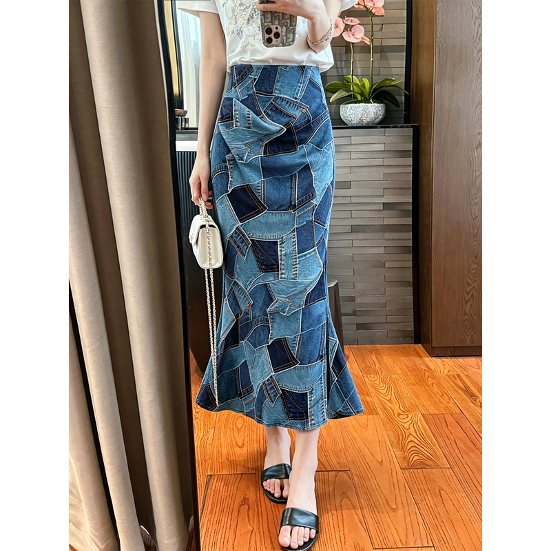 You See/Youji Makes You the Center of Attention! Vintage Art Denim Patchwork Fishtail Skirt