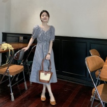 One third Liangpint small sub-Indus tree down ~ fa-style retro square collar plaid with dress long skirt 150 little sub