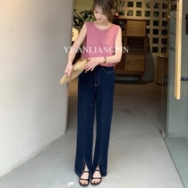 2022 RETRO STYLE DEEP BLUE JEANS OPEN FORK PANTS TUG PANTS LONG PANTS WOMAN 150 SMALL SUMMER THIN